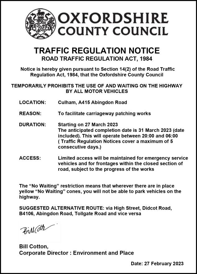 Abingdon Road Closure 27th to 31st March Long Wittenham, Oxfordshire