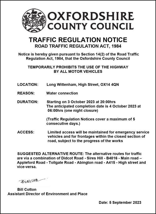 Road to Clifton Hampden Closure 3rd to 4th October Long Wittenham